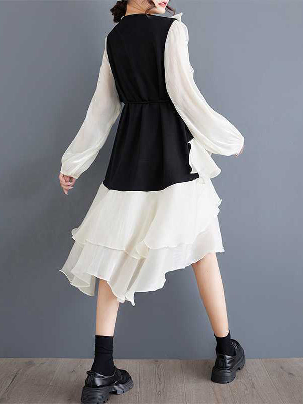 Schickes schwarzes Patchwork-Kleid mit Rundhalsausschnitt, kontrastfarbenem Rüschenbesatz und High-Low-Langarm TW019 