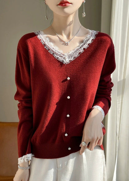 French White O-Neck Lace Patchwork Cotton Knit Sweater Fall QP047