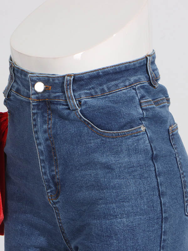 Rote schicke gebundene gerade Jeans mit hoher Taille und Knöpfen 