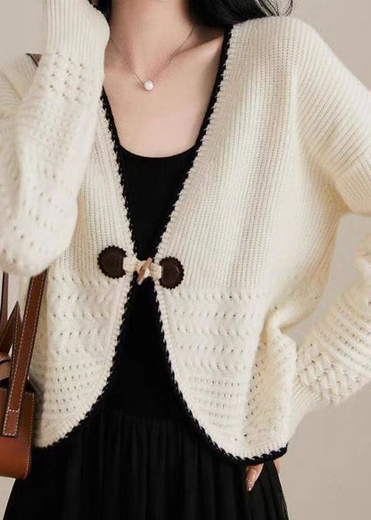 Women Beige V Neck Woolen Knit Cardigan Fall QC049