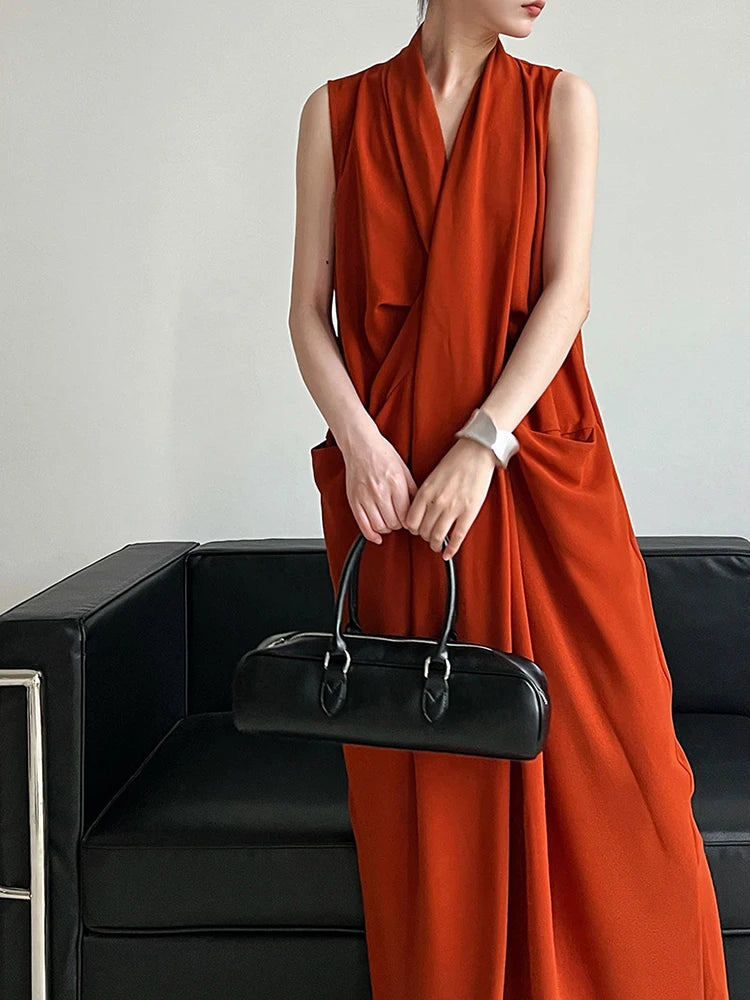 Pockets with Draped Sleeveless Dress Elegant Midi