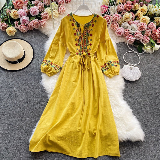 Ethnic Yellow Crew-neck Embroidery Raglan Long Puff Sleeve A-line Dress AR1006