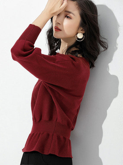 Elegant Red Boat Neck Tunic Ruffled Hem Long Sleeve Sweater AN1040