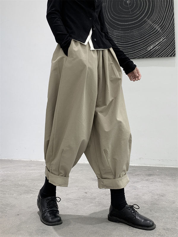 Simple Coffee Elasticity High-Waisted Pockets Pleated Harem Pants WS009