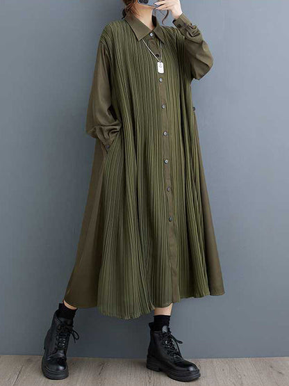 Stylish Army Green Lapel Buttoned Pleated Pockets Long Sleeves Shirt Dress WS001