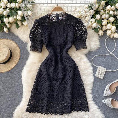 Chic Pink O-neck Hollow Out Lace High Waist Puff Sleeve Mini Dress AR1010