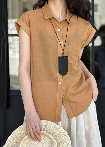 Elegant Orange Peter Pan Collar Button Silk Cotton Shirt Summer AF1024