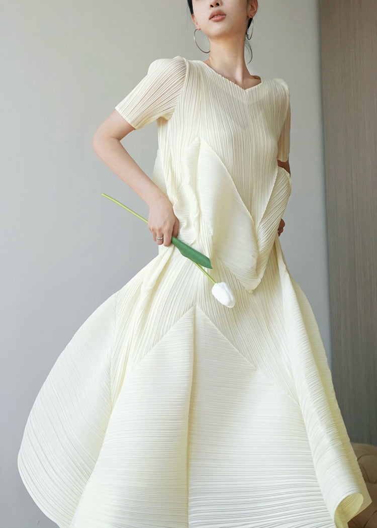 Robes françaises en coton beige style été froissé 