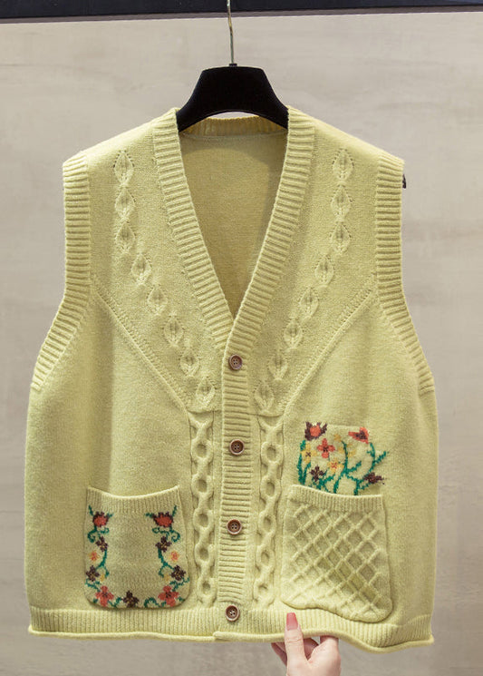 Gilet tricoté en coton à fleurs jaune naturel à col en V Automne QP014