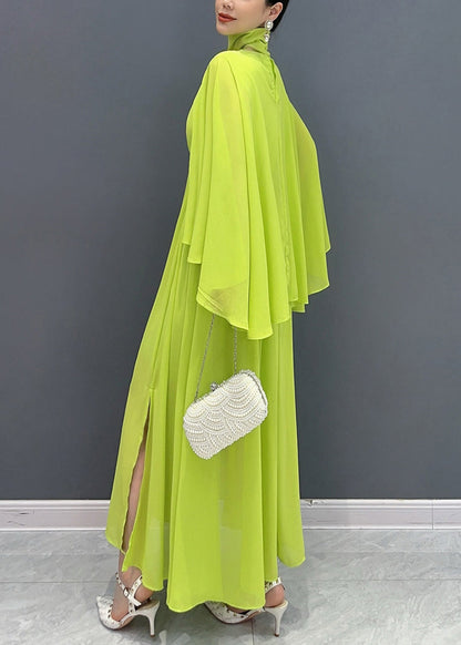 Fitted Green Shawl Collar Patchwork Vacation Maxi Dresses Flare Sleeve AO1031