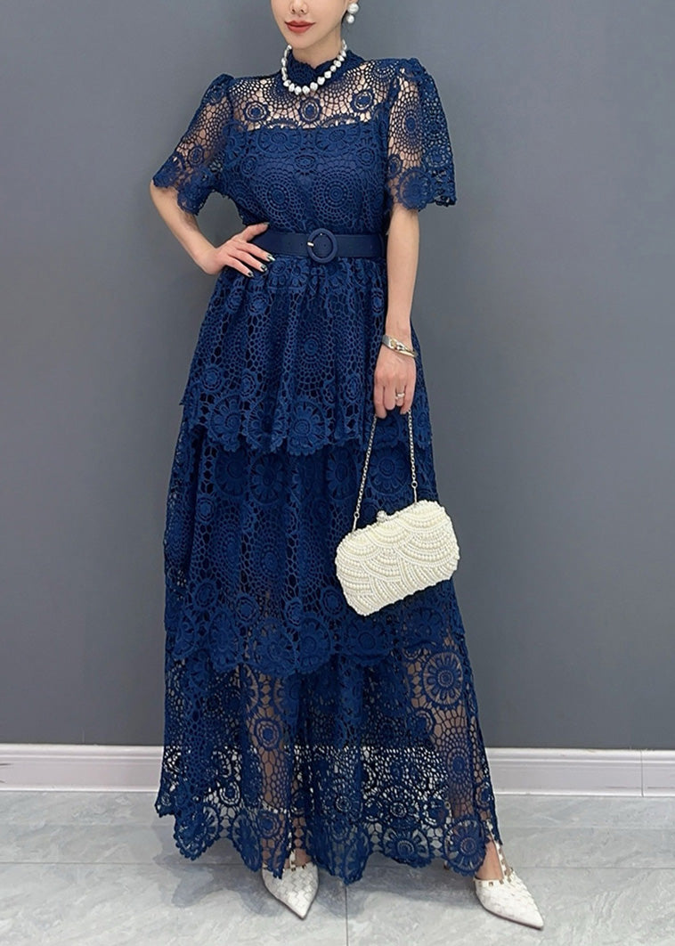 Chic Navy V Neck Sashes Hollow Out Lace Long Dresses Summer AO1013