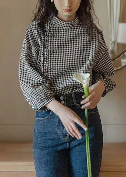 French Plaid Stand Collar Ruffled Cotton Shirt Long Sleeve EE013