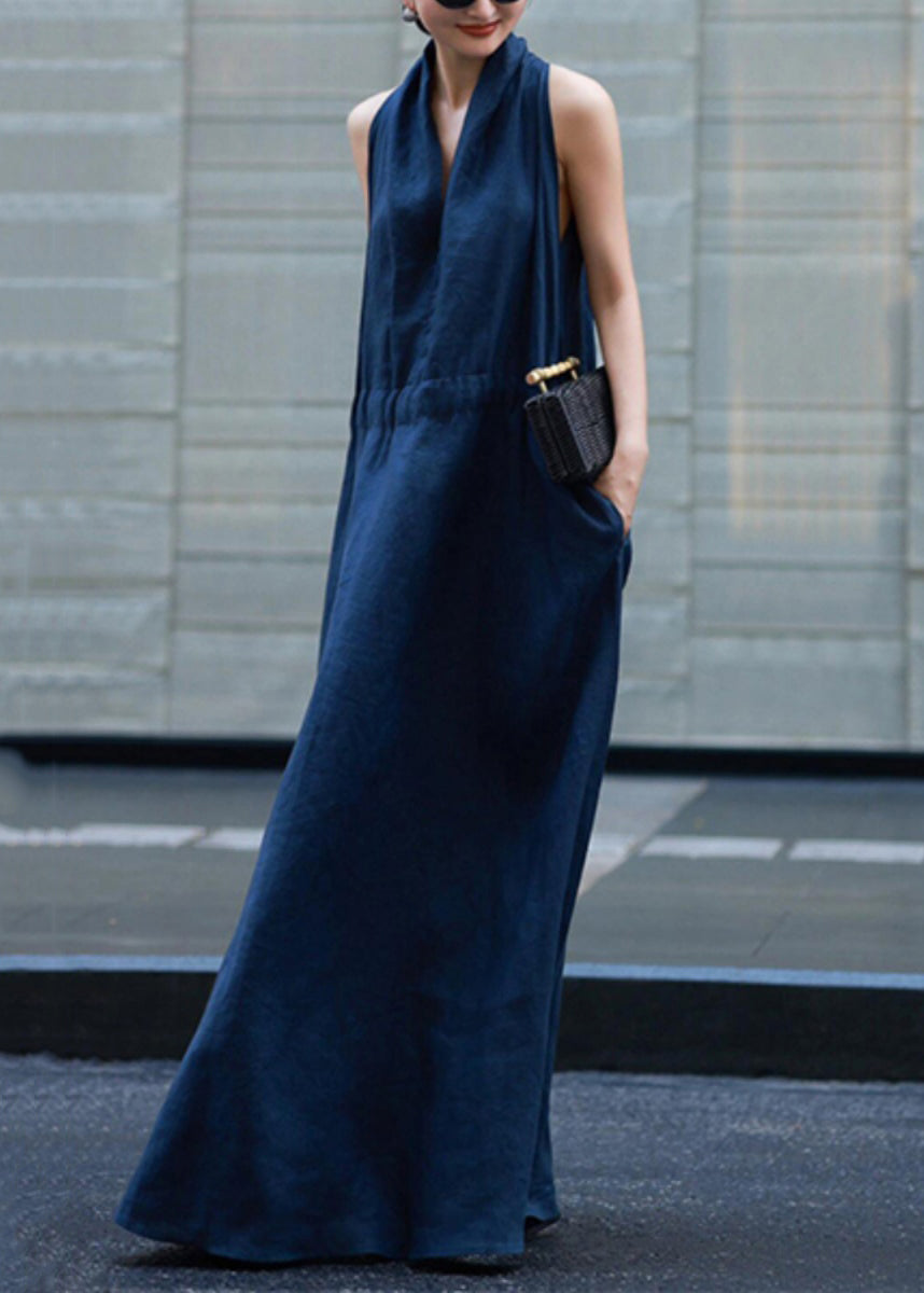New Light Linen Solid Dresses Blue Robe Waist Tie Pockets