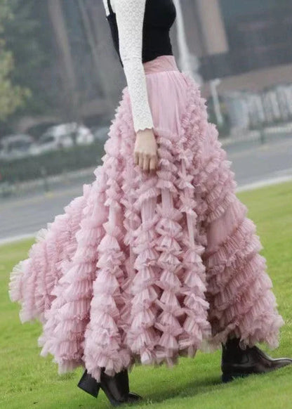 Italian Pink Ruffled High Waist Tulle Skirts Fall AU1002