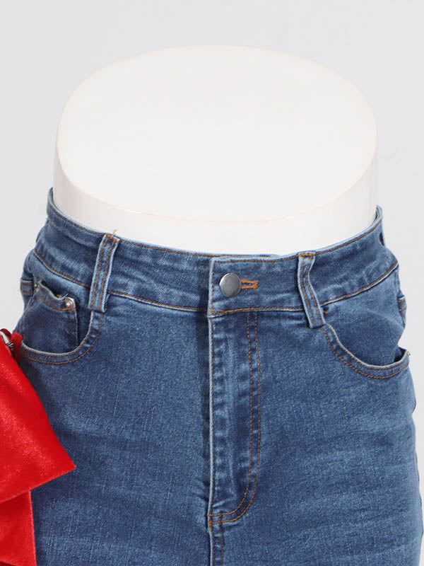Rote schicke gebundene gerade Jeans mit hoher Taille und Knöpfen 