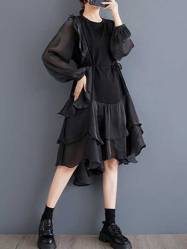 Schickes schwarzes Patchwork-Kleid mit Rundhalsausschnitt, kontrastfarbenem Rüschenbesatz und High-Low-Langarm TW019 