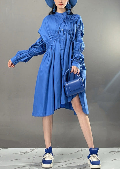 Art Blue Asymmetrical Wrinkled Button Cotton Dress Fall AJ1032