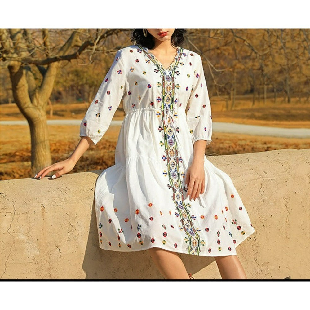 Boho White V-neck Floral Embroidery Lace-up Three-quarter Sleeves Dress AR1020