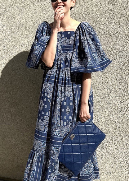 Stylish Navy Square Collar Print Cotton Dresses Puff Sleeve QP039