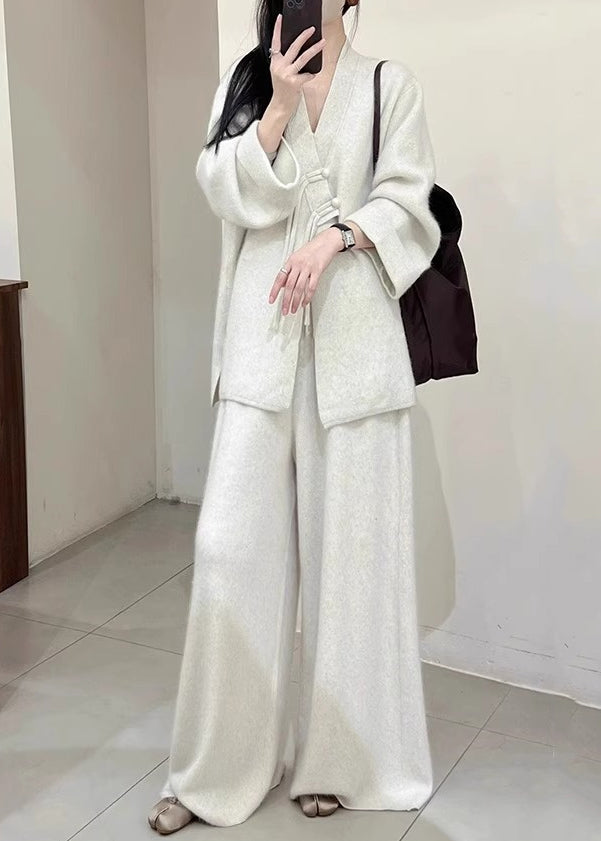 Brief Light Grey V Neck Button Knit Coats And Pants Two Piece Set Fall WV028