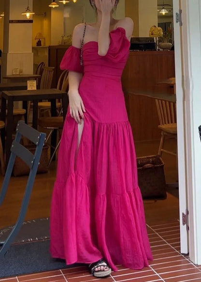 Sexy Rose Slash Neck Solid Cotton Long Dresses Summer AZ1045