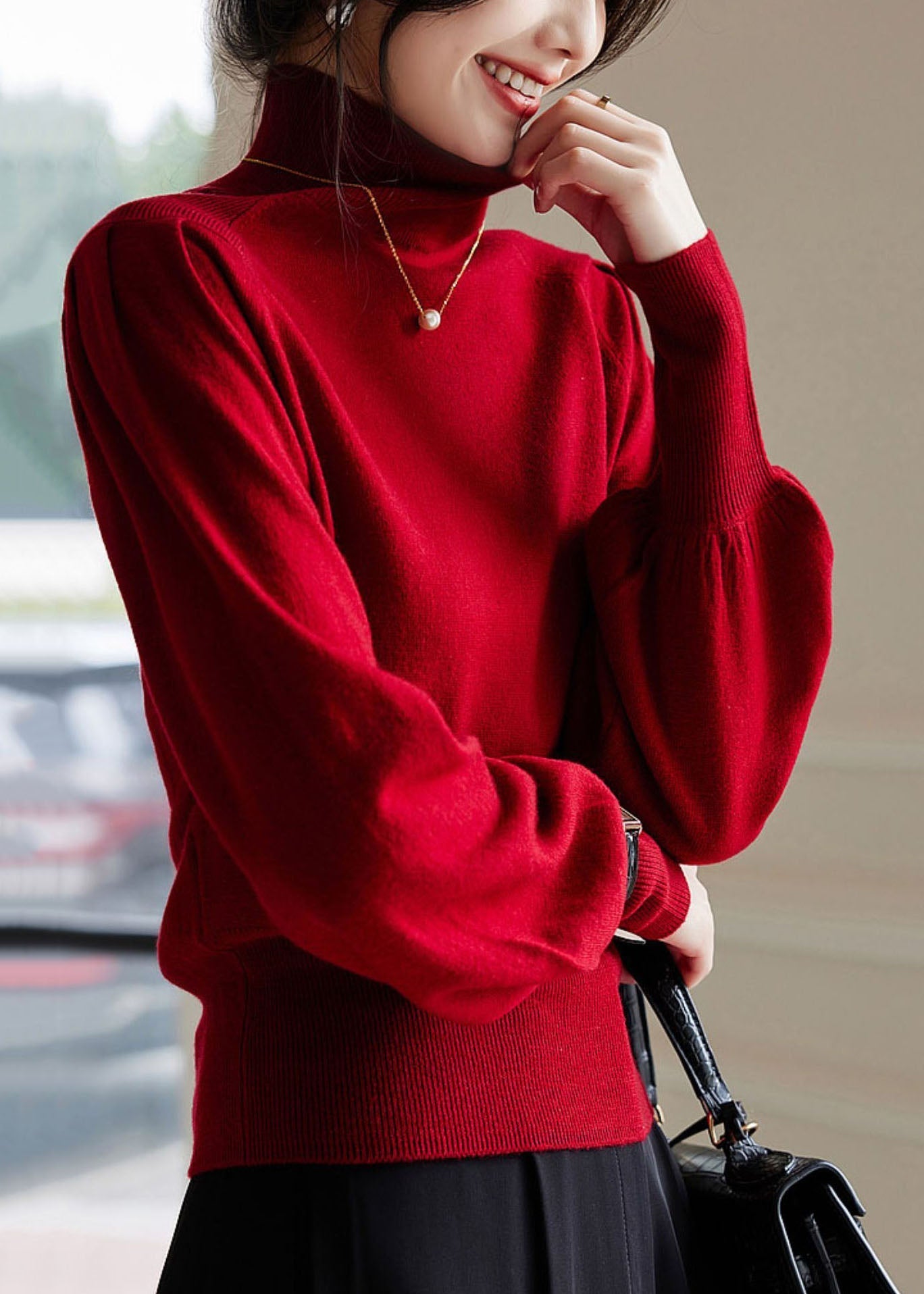 French Red High Neck Warm Cashmere Sweater Winter WS008