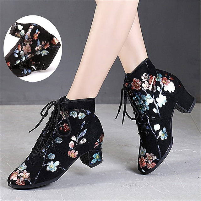 Black Low Floral Lace-up Comfortable Women Dance Shoes for –