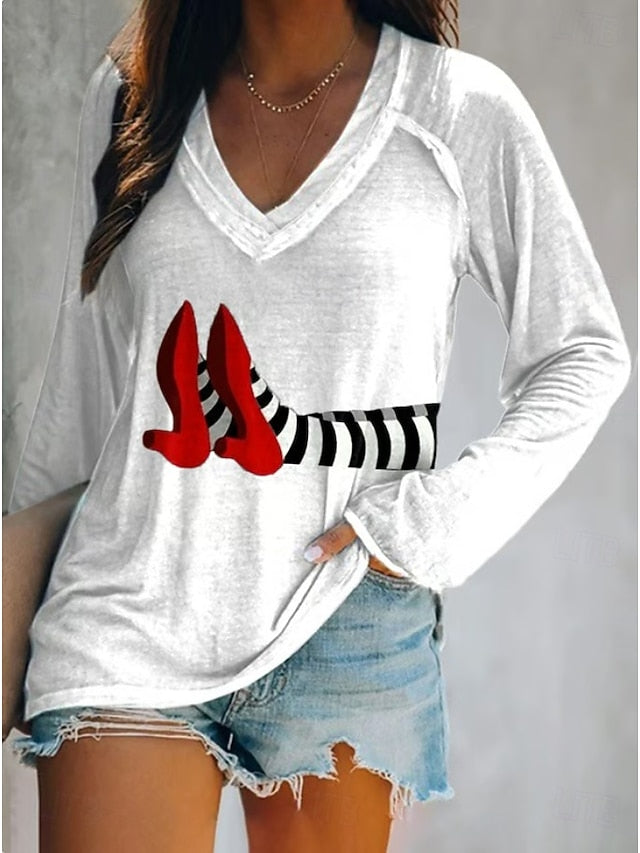 Women's T shirt Witch Long Sleeve V Neck Long Sleeve