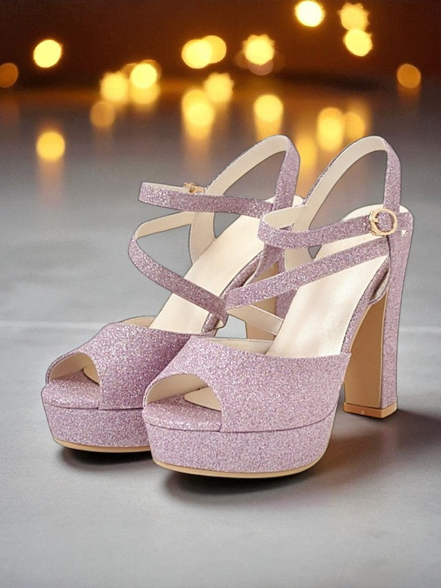 with Glitter High Platform Heel Women's Sandals Ankle Strap