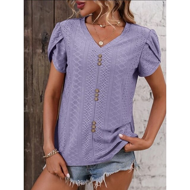 Women's T Shirt Eyelet Plain Fashion Stylish Classic Short