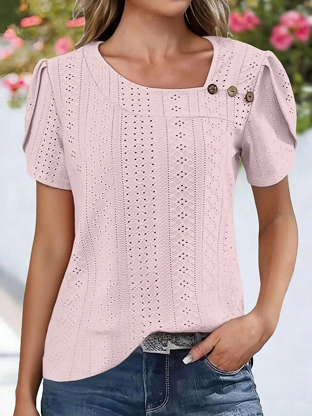 Women's Shirt Pointelle Shirt Eyelet Top Blouse Eyelet