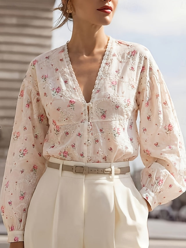 Women's Blouse Lace Tops Long Sleeve Tops Lace Trim Floral