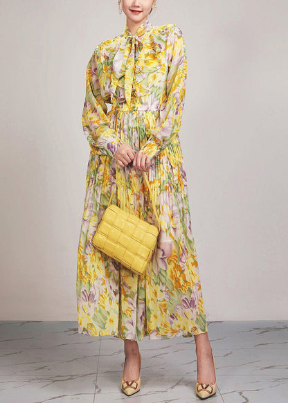 Beautiful Yellow Print Lace Up Chiffon Long Dress Long Sleeve AR1037