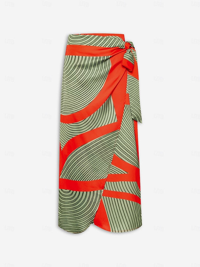 Women's Midi Skirt Green Color Block Elastic Waistband
