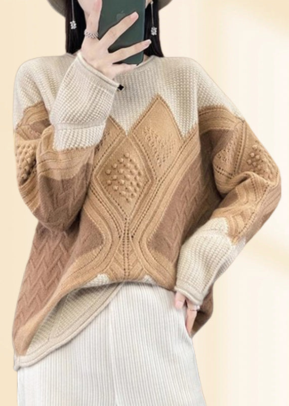 Magnifique pull en tricot de coton à carreaux vert à col rond Automne QP018 