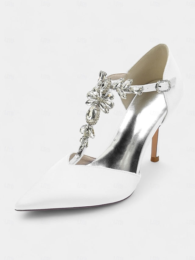 Women's – T-Strap Pointed Toe Satin Heels Blue Navy