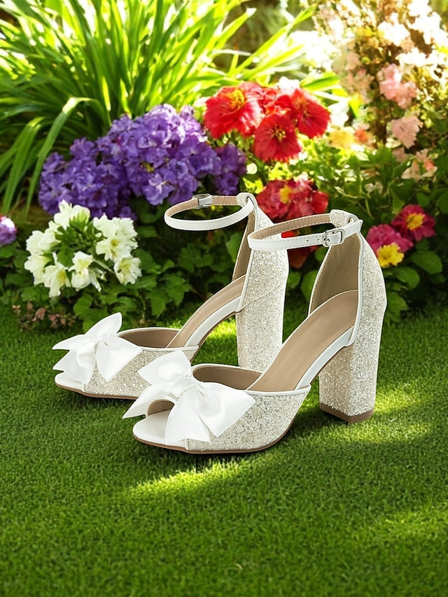 White Ankle with Block Women's Sandals Heel Glitter Wedding