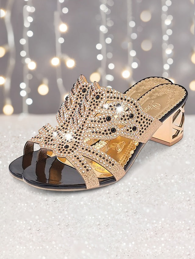 Rhinestone Embellished Heeled Gold and - Sandals Green