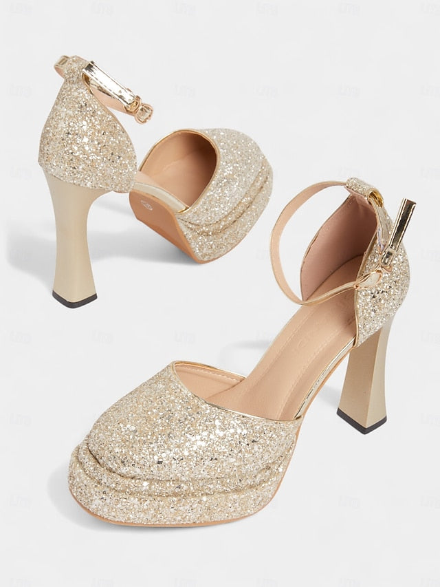 Glitter Gold Heels Women's Platform High
