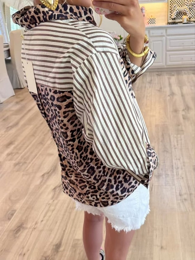 Women's Blouse Buttons Print Leopard Striped Stylish Casual