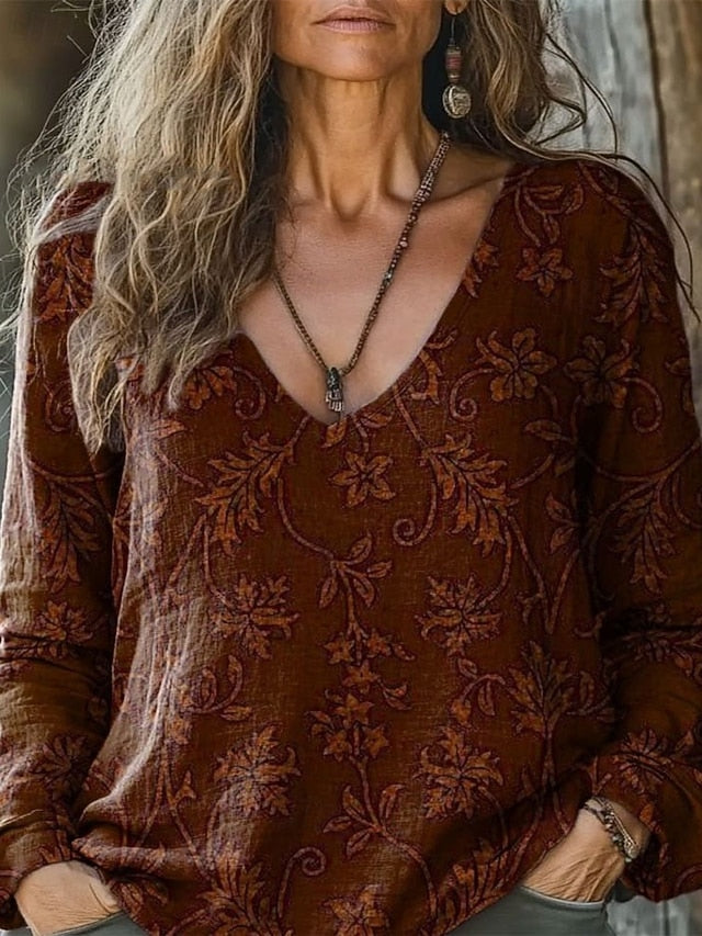 Women's Boho Shirt Blouse Ruched Floral Graphic Elegant