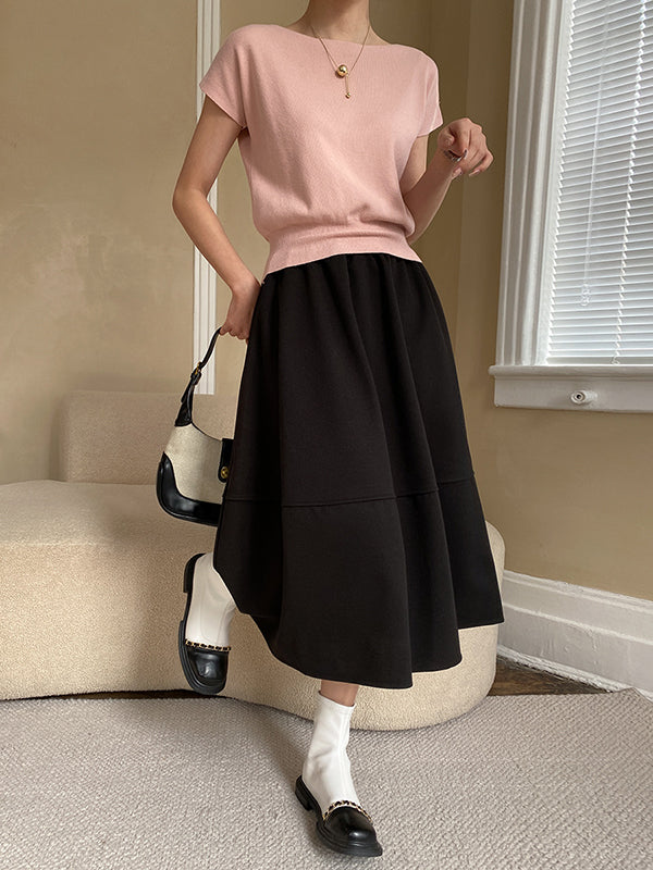 Haut à manches courtes rose en tricot, col bateau ample et élégant