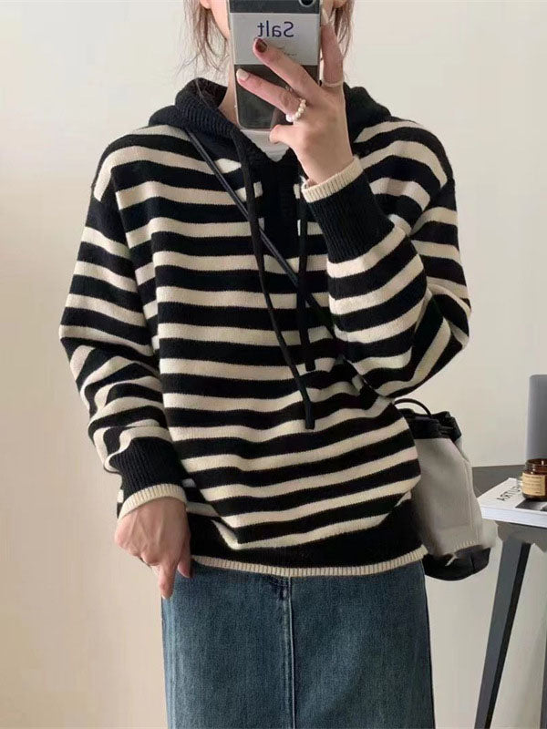 Casual Black Hooded Drawstring V-Neck Contrast Color Striped Long Sleeve Sweater QX019