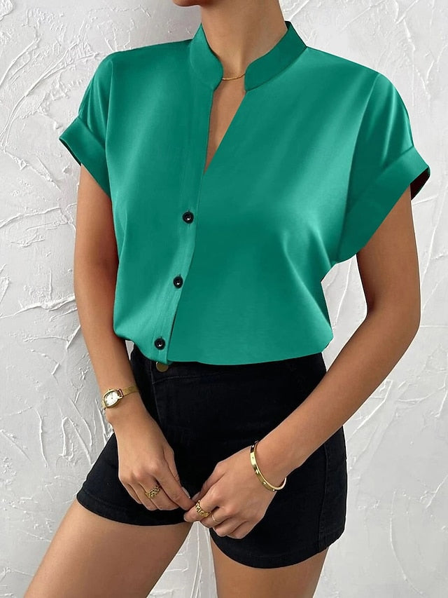 Women's Shirt Blouse Tee Top Patchwork Buttons Plain