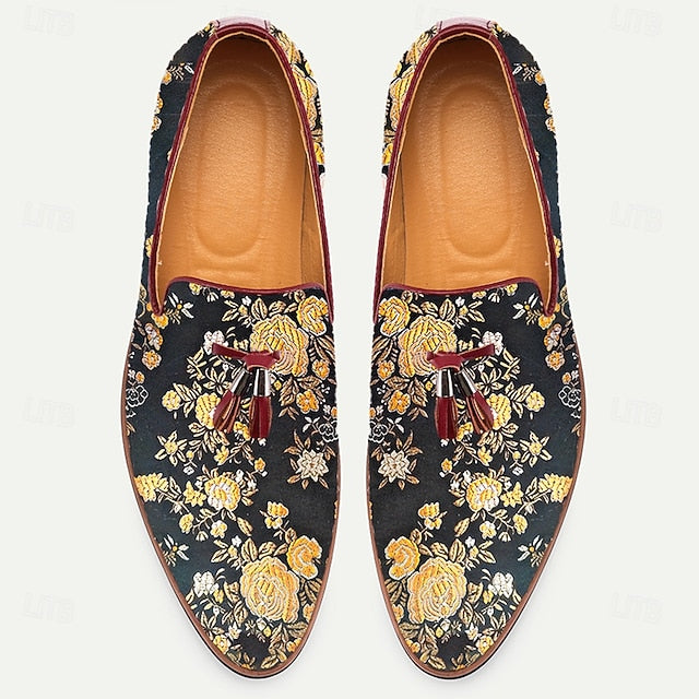 Men's Tassels Loafers Jacquard Pattern for with Floral