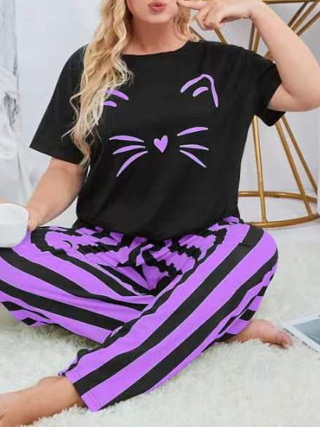 Women's Blouse Pants Sets Short Sleeve Crew Neck Cat