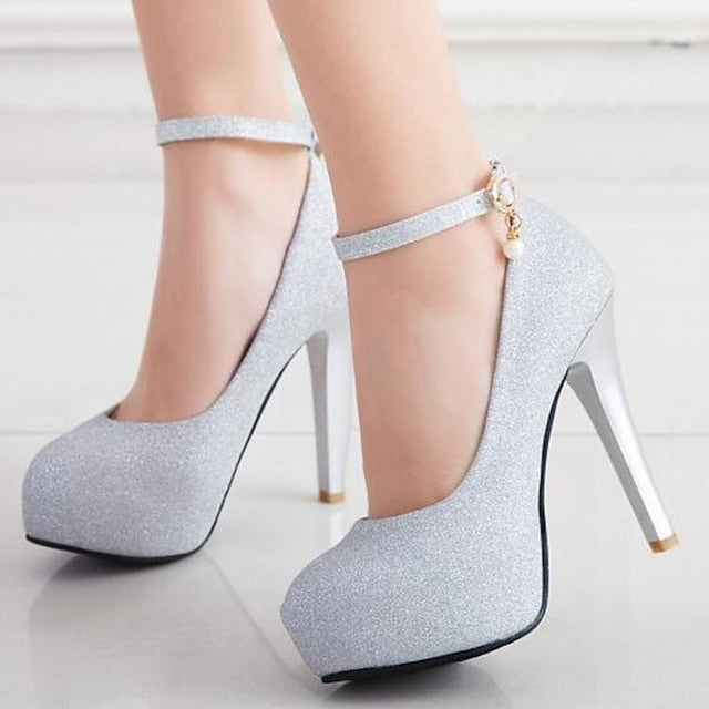 Heels Women's Glitter with Silver Platform Stiletto Ankle
