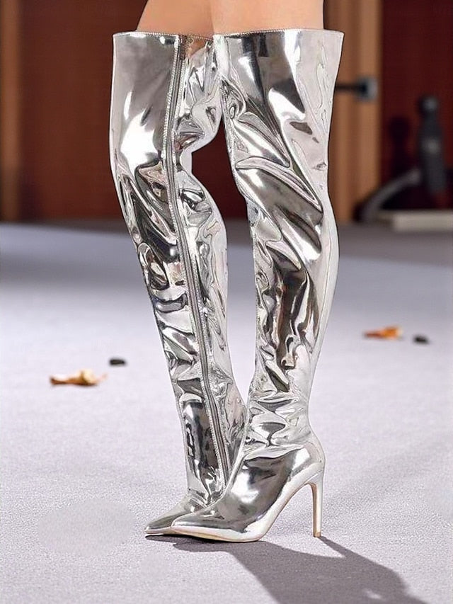 Women's Toe Black Over-the-Knee Leather Pointed Patent