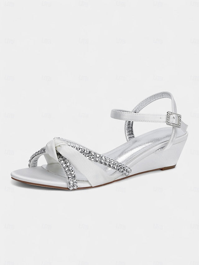 Satin Wedge Sandals Green Women's - Knot Rhinestone