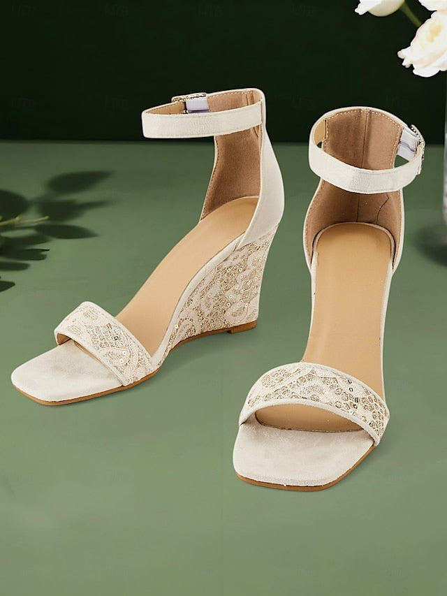Heel Strap Women for Stylish White Sandals Lace – Wedge Ankle